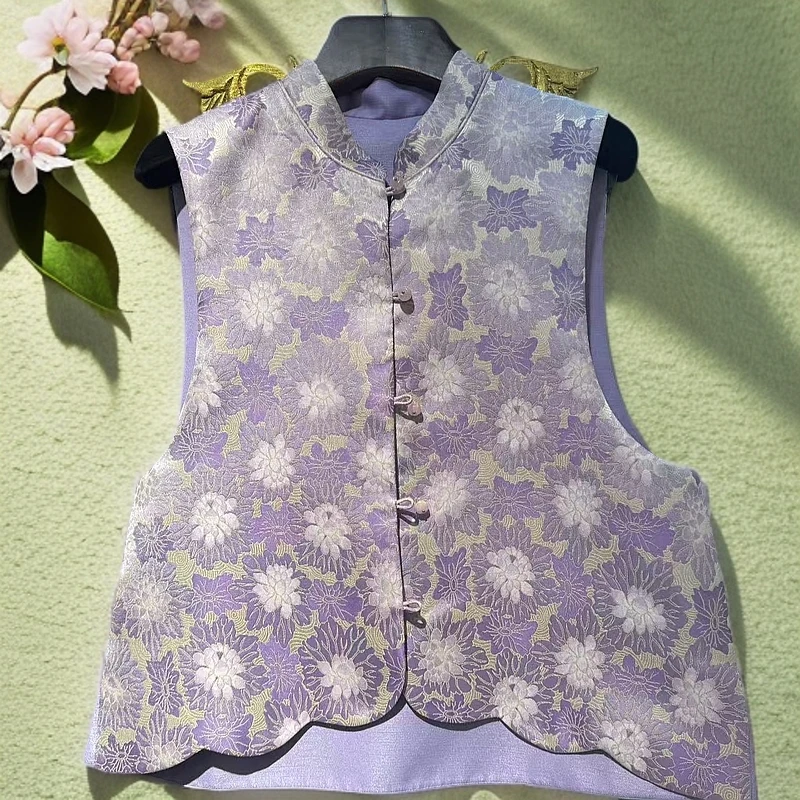 【花一朵】步步生莲新中式立领紫色花新国风马甲