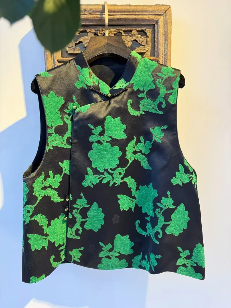 【素心】喜鹊登梅漳缎提花立体绒感新中式复古斜襟马甲