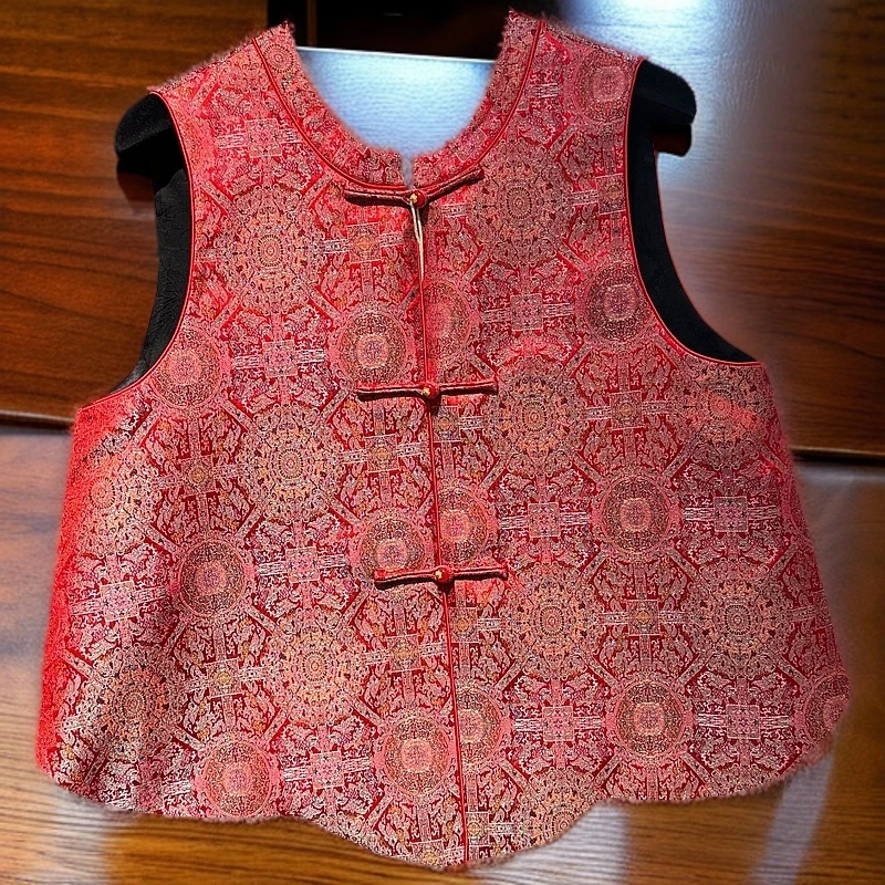 【花一朵】八达运新款双面双穿新中式国风马甲{红色三粒扣}