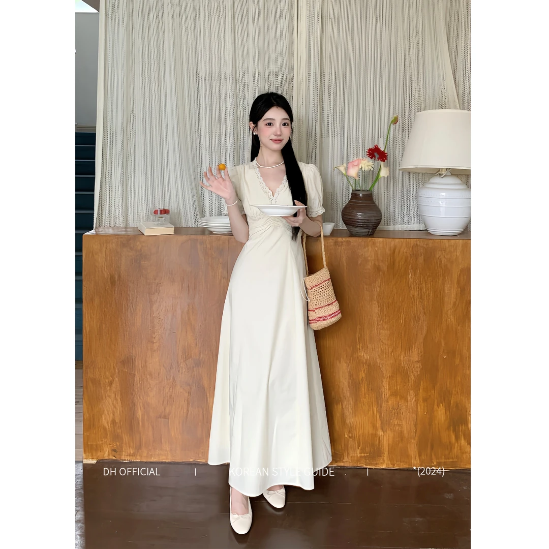 DH OFFICIAL 大花【人间山茶 camellia】浪漫韩妹连衣裙桃心V领长款