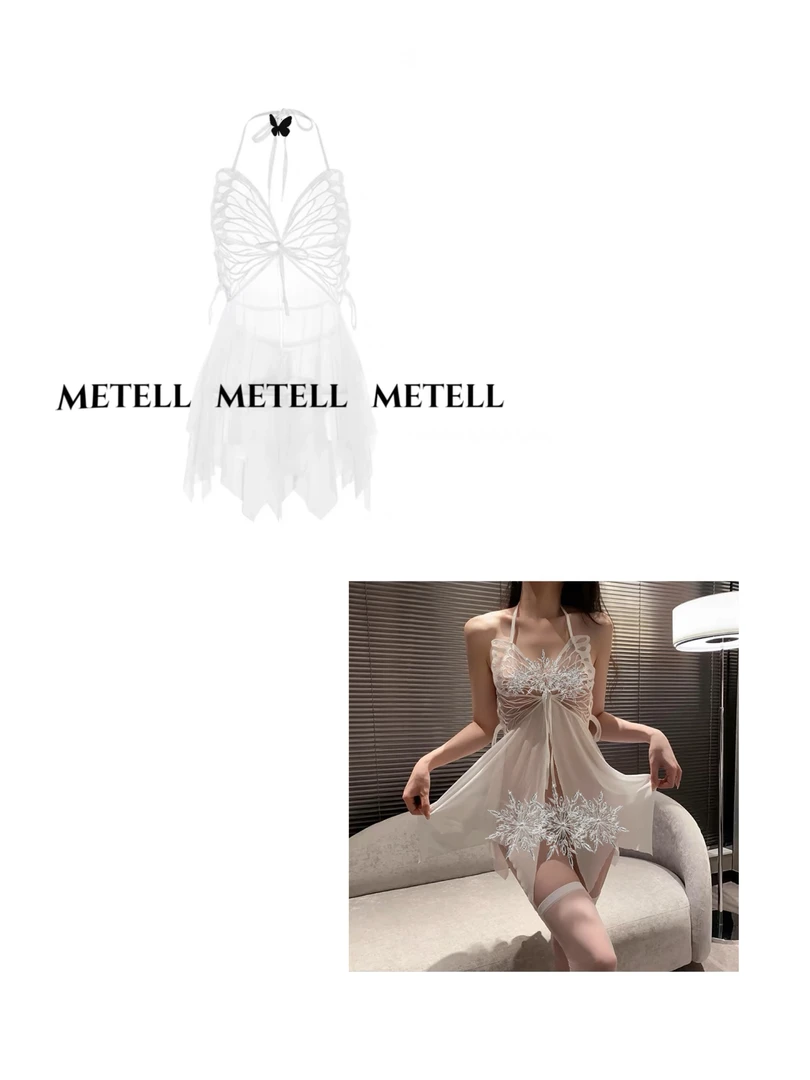 法式网纱吊带无胸垫睡裙网红主播蝴蝶蕾丝性感睡裙轻奢气质露背