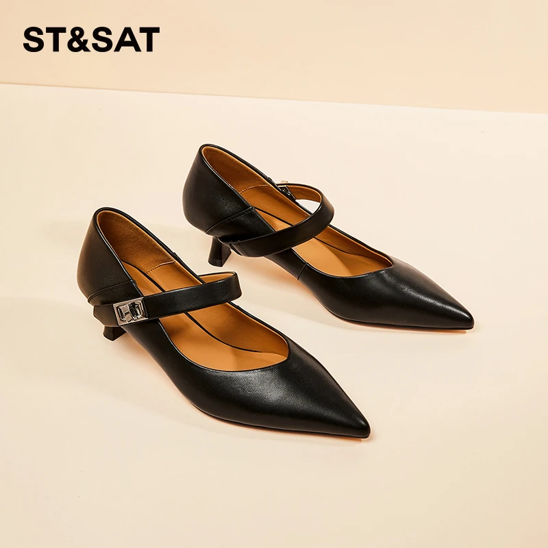星期六2025冬季爆款真皮时尚一字带女鞋百搭法式通勤尖头猫跟女鞋