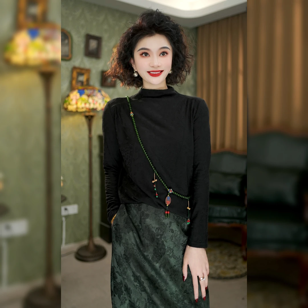 DG7115 纯色半高领弹力打底衫女士提花复古加绒保暖长袖T恤