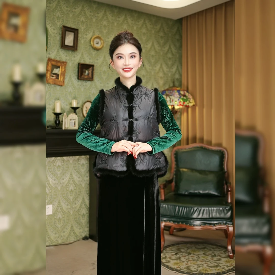 新中式国风拼接水貂毛时尚百搭羽绒马甲MCFMJ1251