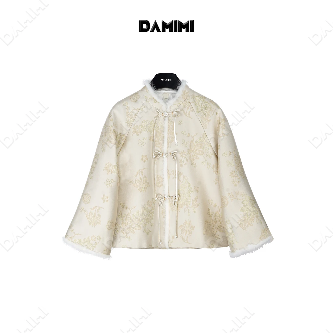 【锦绣长安】新中式国风盘扣重工提花拼接水貂毛棉服外套F9858