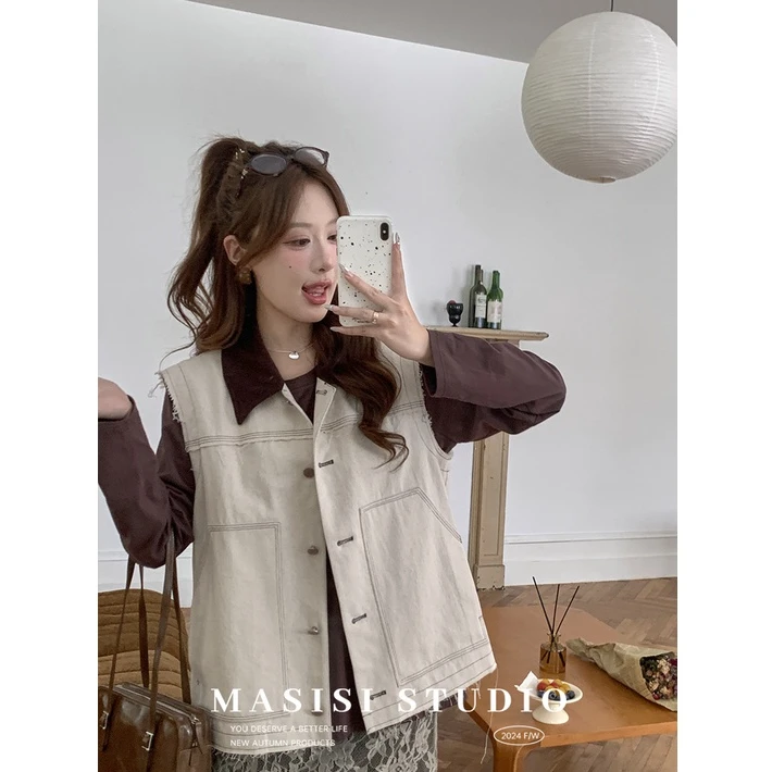 【宠粉回馈】马西西微胖大码翻领撞色牛仔马甲女秋季复古工装上衣
