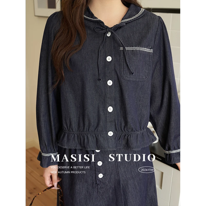 【宠粉回馈】马西西微胖大码牛仔甜心港风翻领宽松显瘦牛仔套装