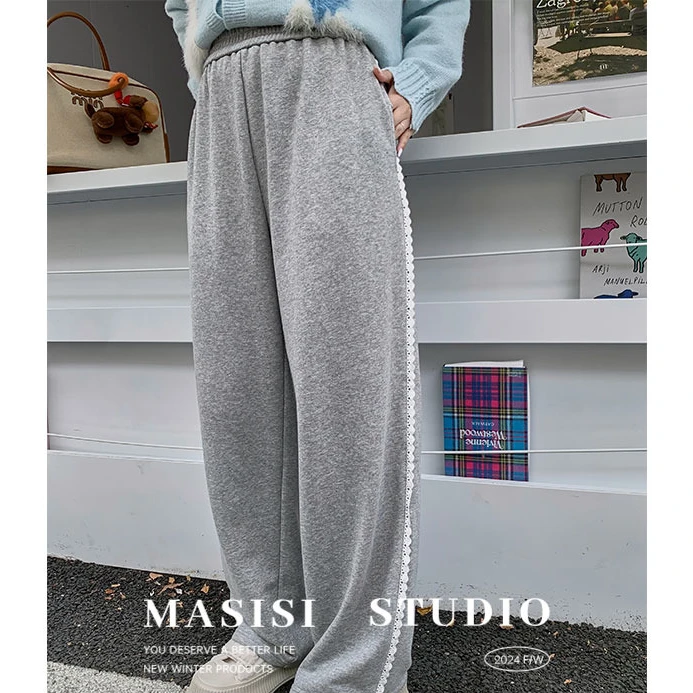 【宠粉回馈】马西西微胖mm蕾丝拼接休闲卫裤女冬大码高腰直筒裤裤子