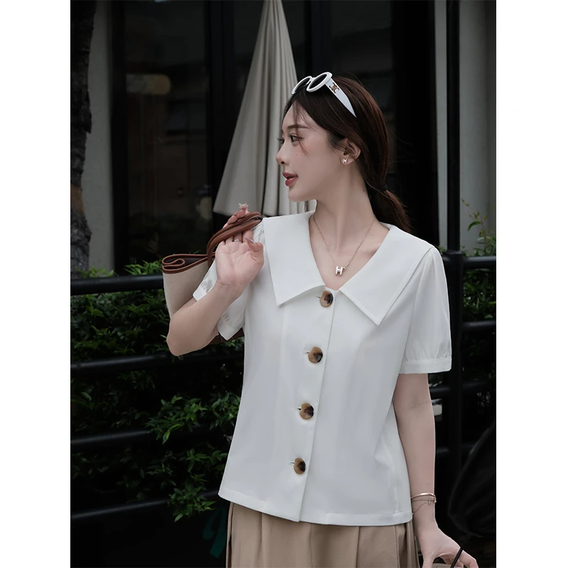 【宠粉回馈】马西西微胖mm复古纽扣海军领短袖上衣女宽松显瘦衬衫