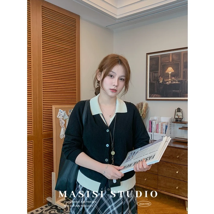 【宠粉回馈】马西西大码撞色翻领针织衫女秋胖mm休闲宽松假两件上衣