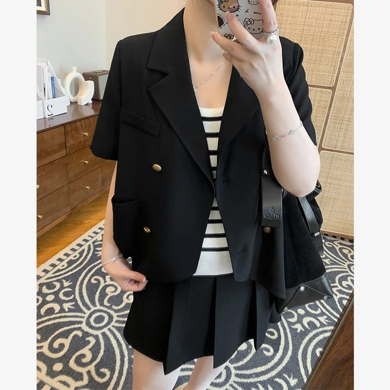 【宠粉回馈】马西西微胖mm双排扣西装套装女大码上衣百褶半裙两件套