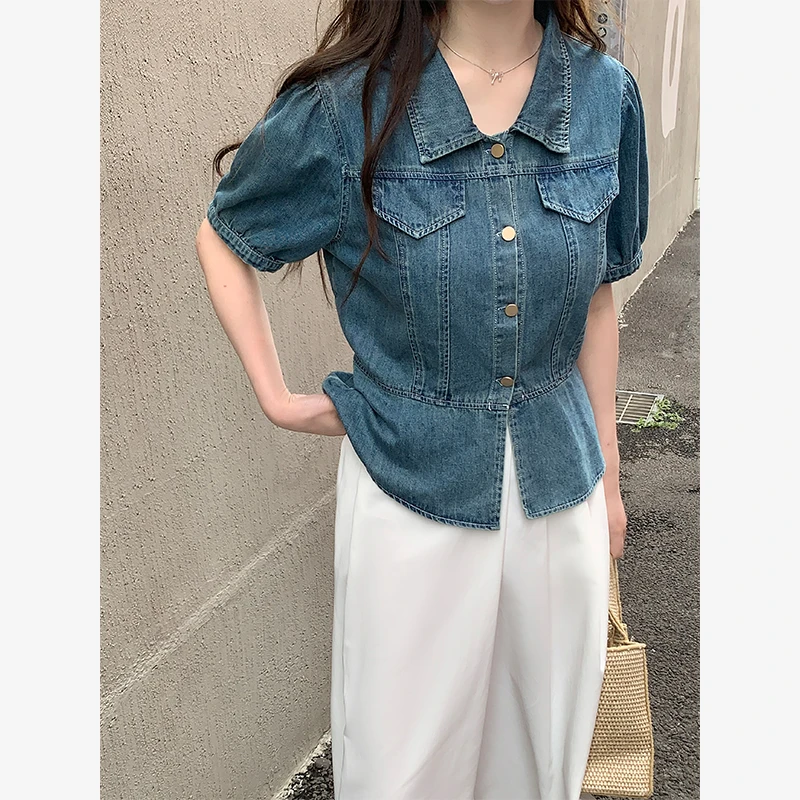 【宠粉回馈】马西西微胖mm翻领复古牛仔上衣女大码短袖宽松显瘦衬衫