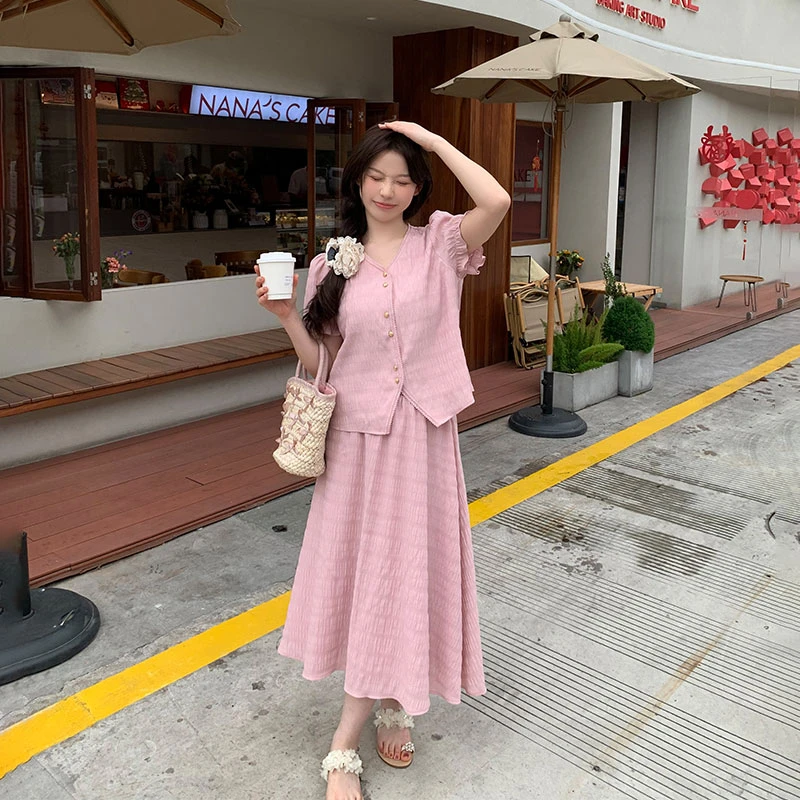 【宠粉回馈】马西西微胖法式胖mm套装女大码宽松上衣显瘦半裙两件套