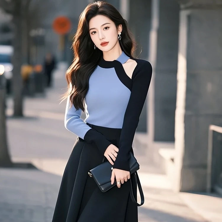 温柔系穿搭超好看独特漂亮撞色针织裙子两件套装2024新款女装秋冬