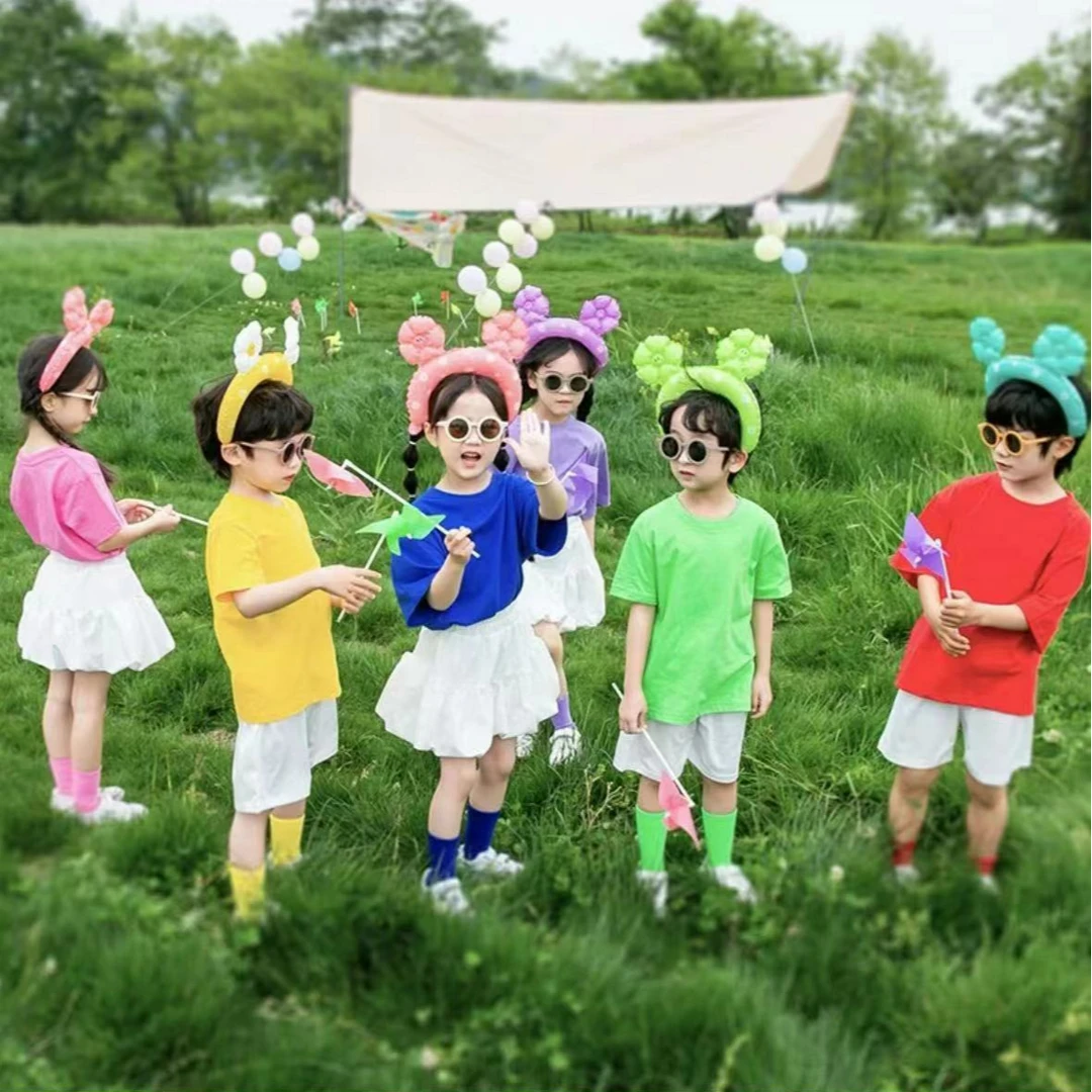 21183夏季新款童装儿童韩版纯色T恤男女童百搭短袖幼儿园班服