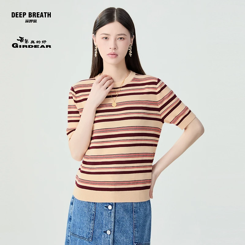 DEEP BREATH深呼吸哥弟真的好拼色肌理条纹短袖针织套头衫A301566