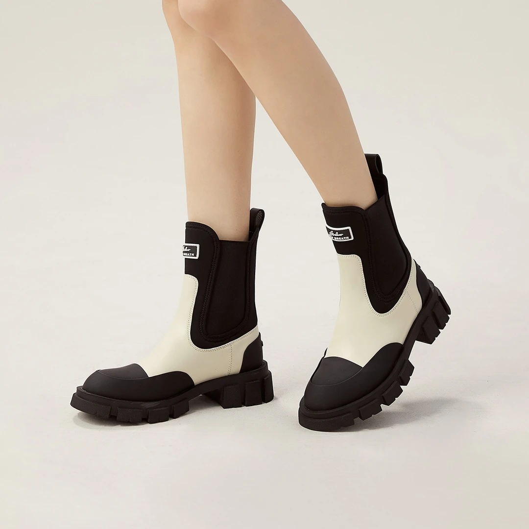 哥弟真的好女鞋新款牛皮拼色一脚蹬切尔西机车靴甜酷靴AX15189