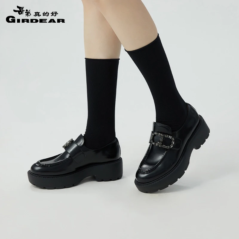 哥弟真的好女鞋新款圆头牛皮厚底低帮魔术贴钻扣乐福鞋AX13084