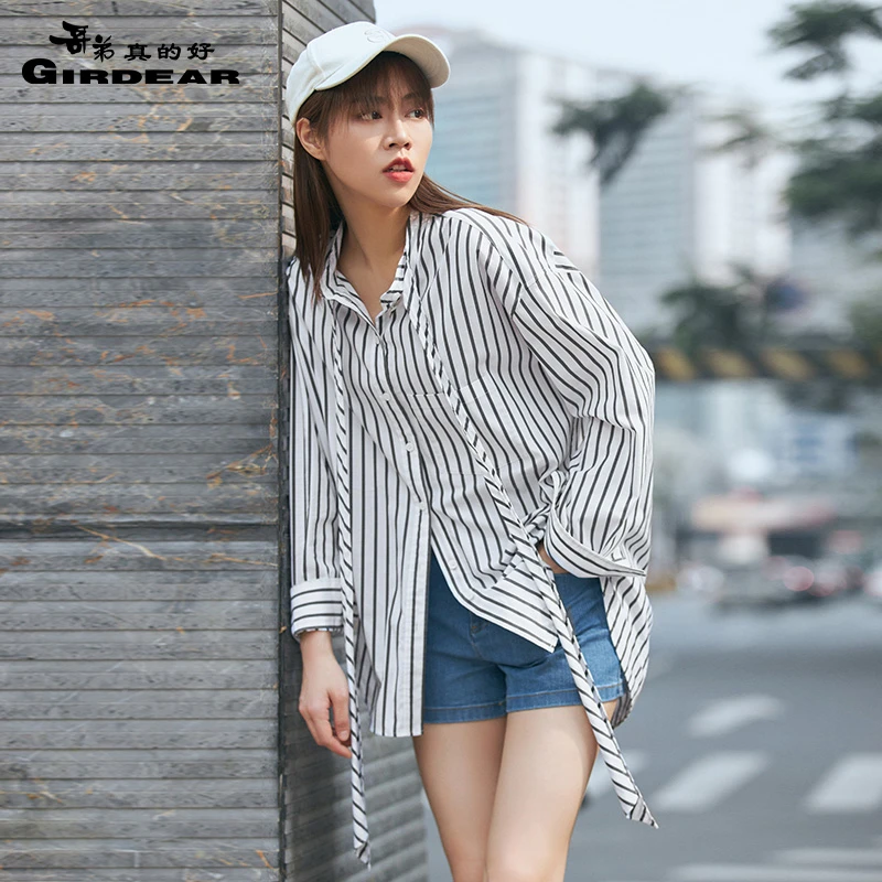 哥弟真的好女装新款时尚简约宽松中长款通勤衬衣领带衬衫8300060