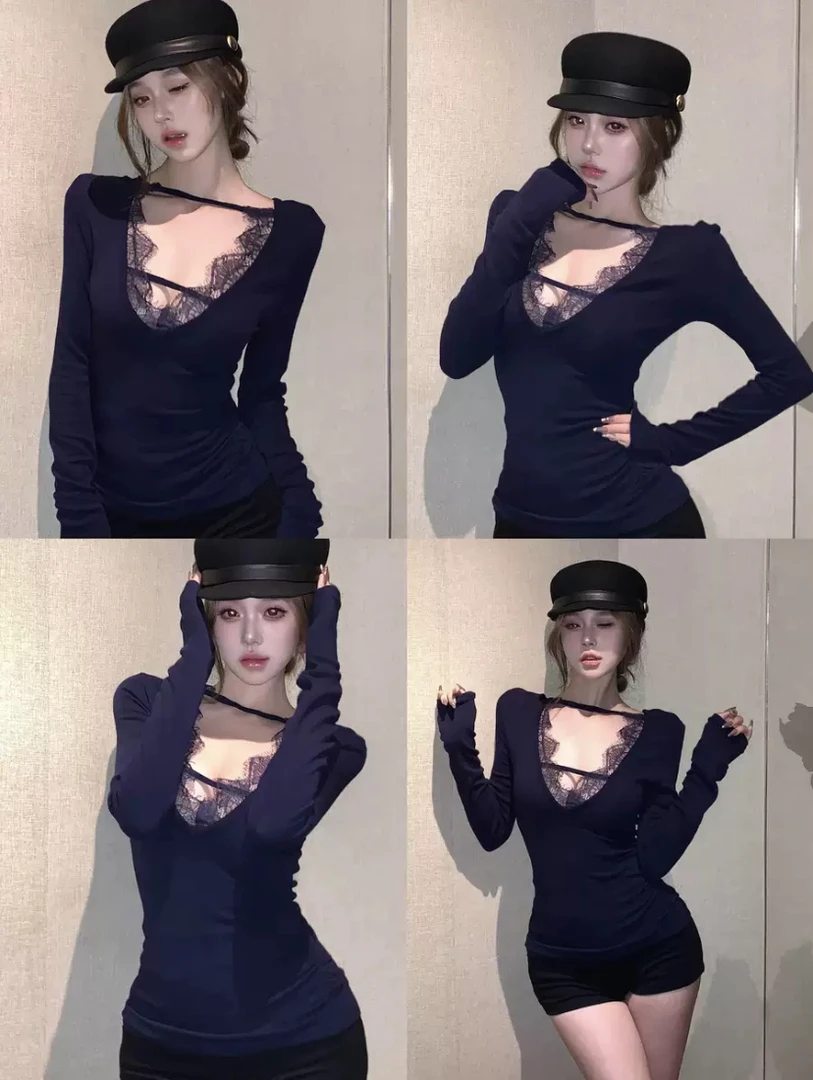 胖MM大码蕾丝v领长袖T恤女冬季设计感正反两穿性感露背加绒打底衫