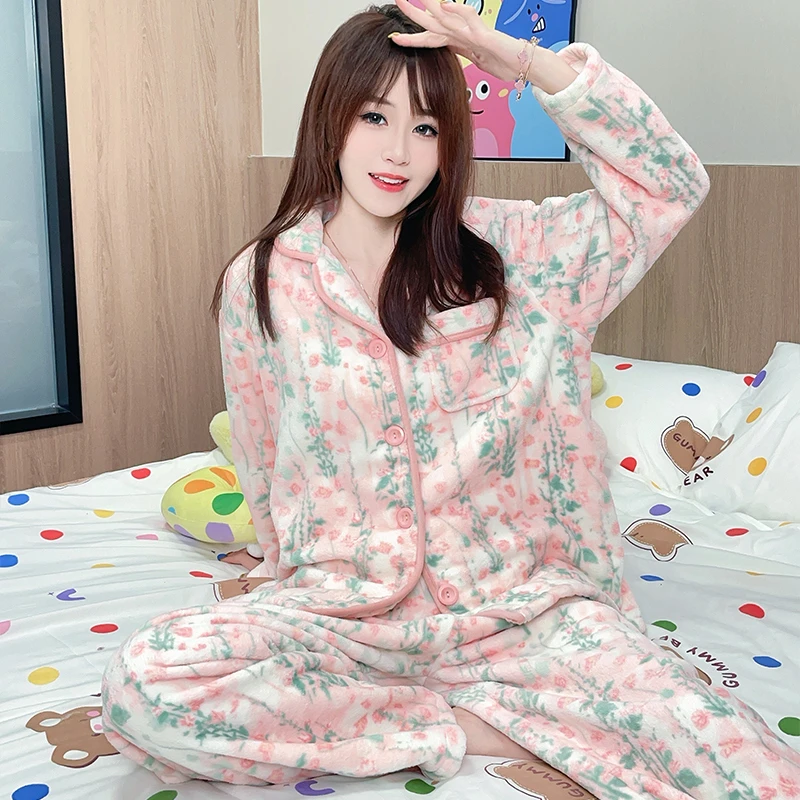 珊瑚绒睡衣女秋冬季加绒加厚2024新款甜美风碎花可外穿家居服套装