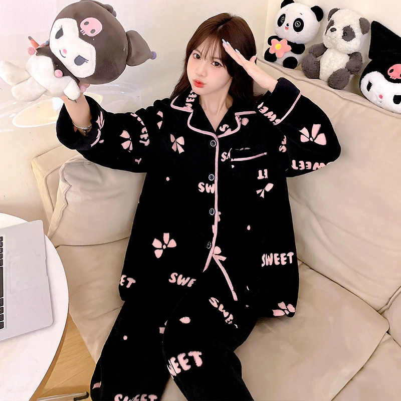 珊瑚绒睡衣女秋冬季加绒加厚2024新款爆款黑底粉蝴蝶可外穿家居服