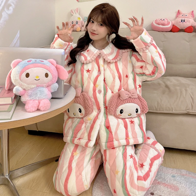 三层夹棉加绒加厚珊瑚绒睡衣女秋冬季2024新款条纹可外穿家居服