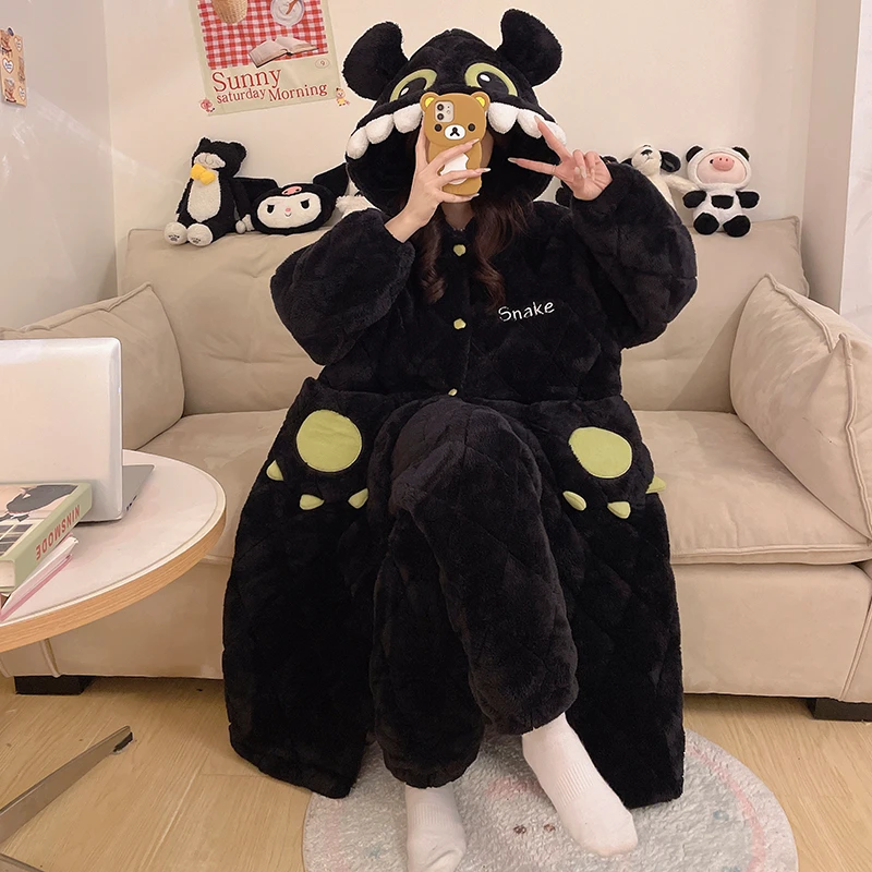 三层夹棉睡袍2024新款珊瑚绒睡衣女秋冬季加绒加厚可外穿家居服