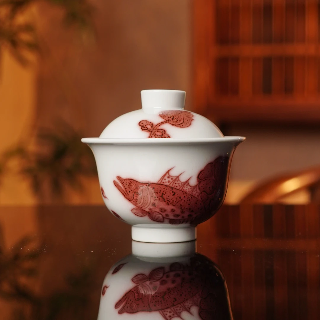 釉里红荷叶鱼瓷盖碗 纯手工鱼藻纹陶瓷红盖碗景德镇茶具SCYRT2794