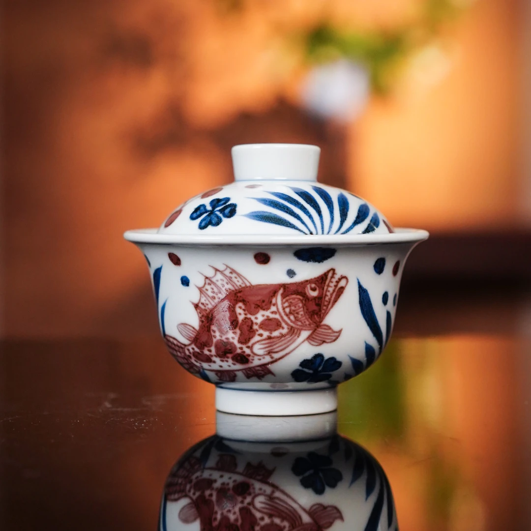 青花釉里红鱼藻盖碗  手工茶具茶杯纯手工专用