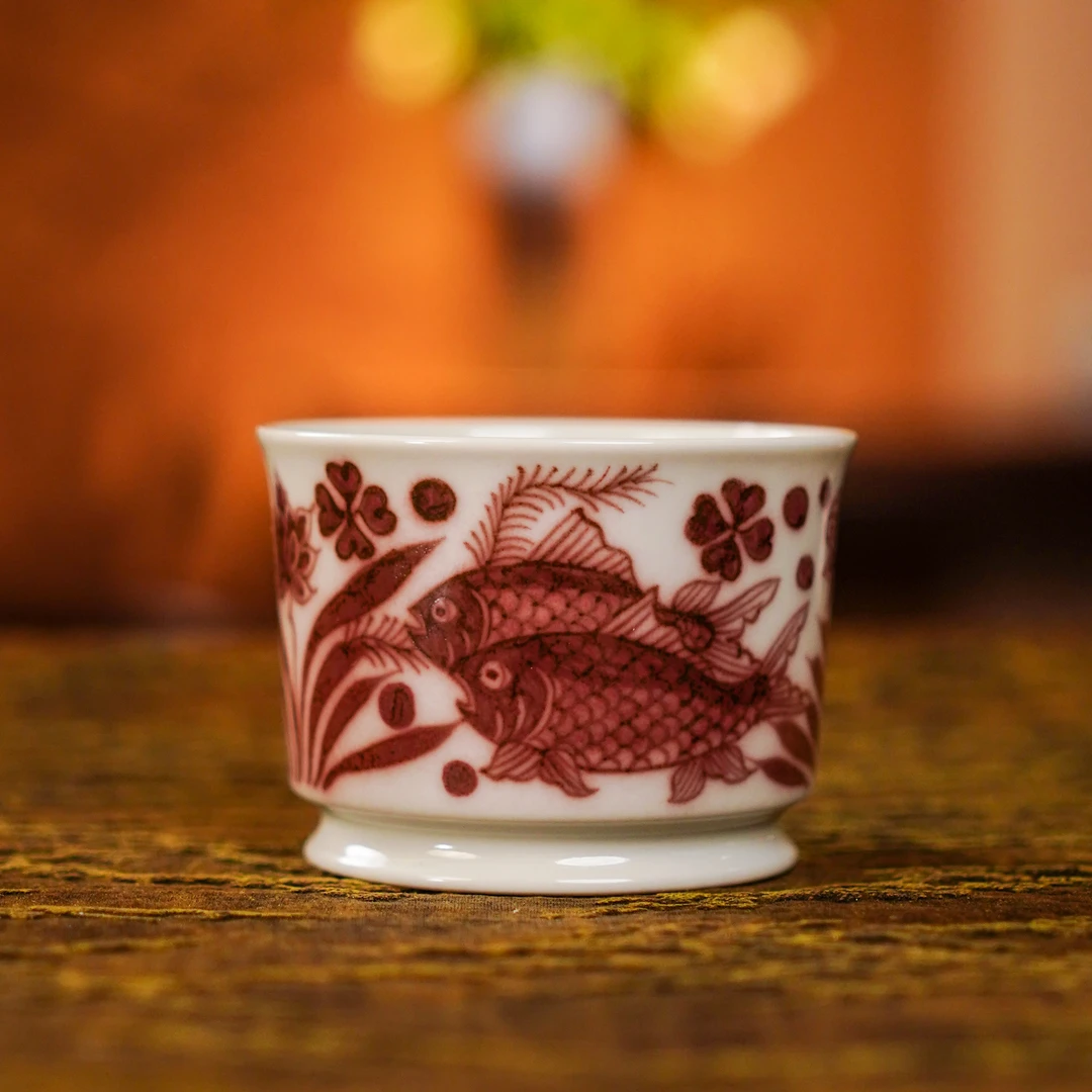 釉里红鱼藻直口杯 手工全红功夫茶杯主人杯陶瓷手绘单个茶杯2801