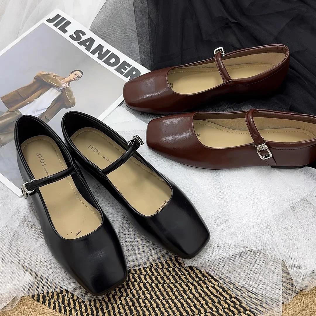 1309-1 2024春夏季新品女软皮一字扣复古方头平底玛丽珍鞋软底女