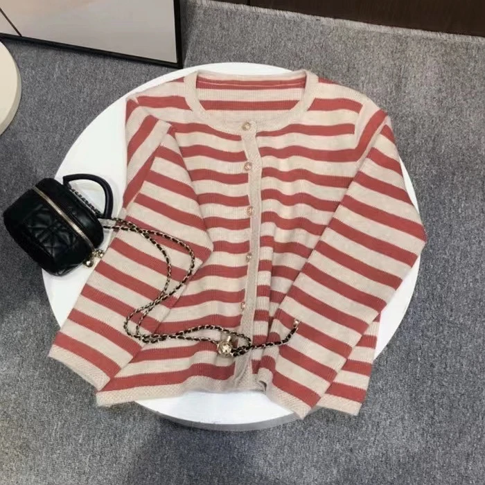 【今日特价】小橙子推荐商品气质橘红色条纹撞色毛衣休闲百搭韩版