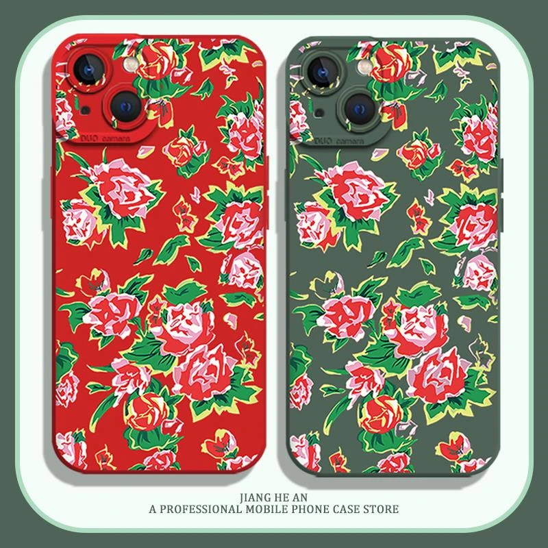 东北大花手机保护壳适用苹果15pro布iPhone14红色15mini新款12花