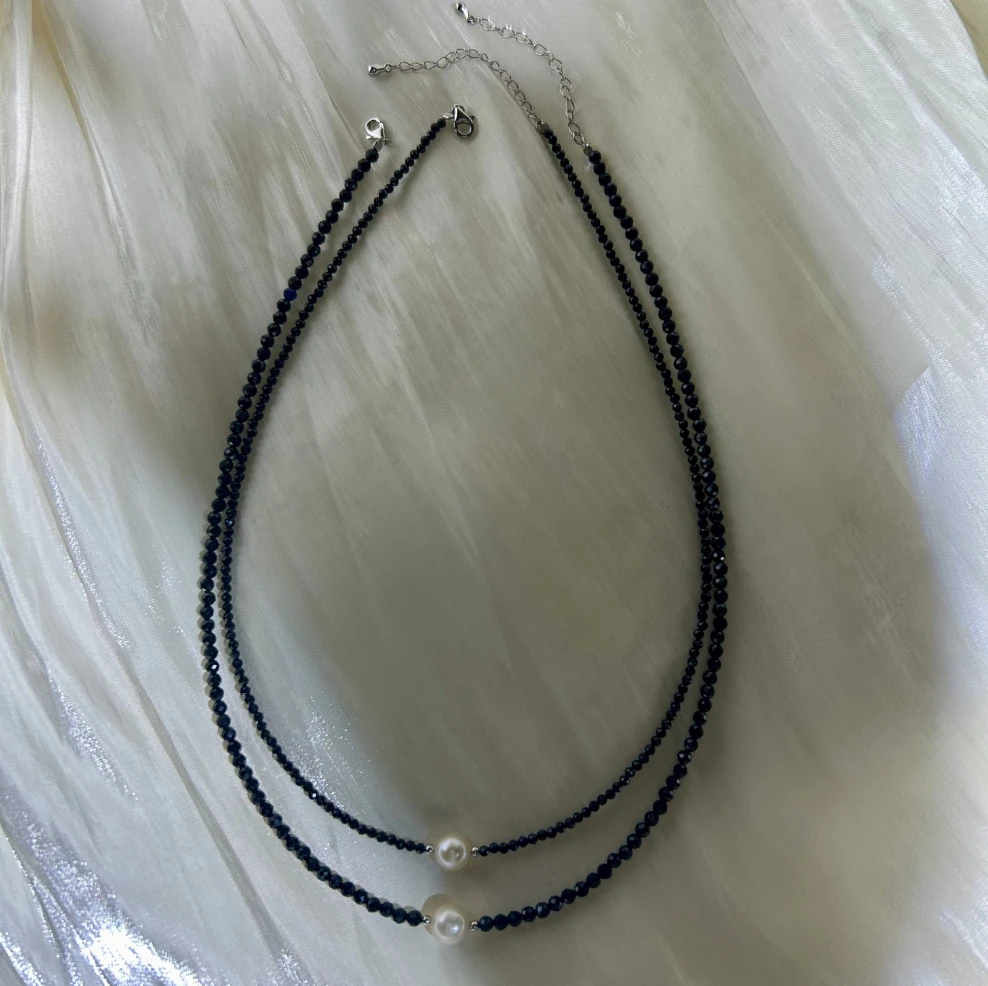 天然淡水无核珍珠+黑尖晶项链复古简约时尚锁骨链 圆珠7-8mm