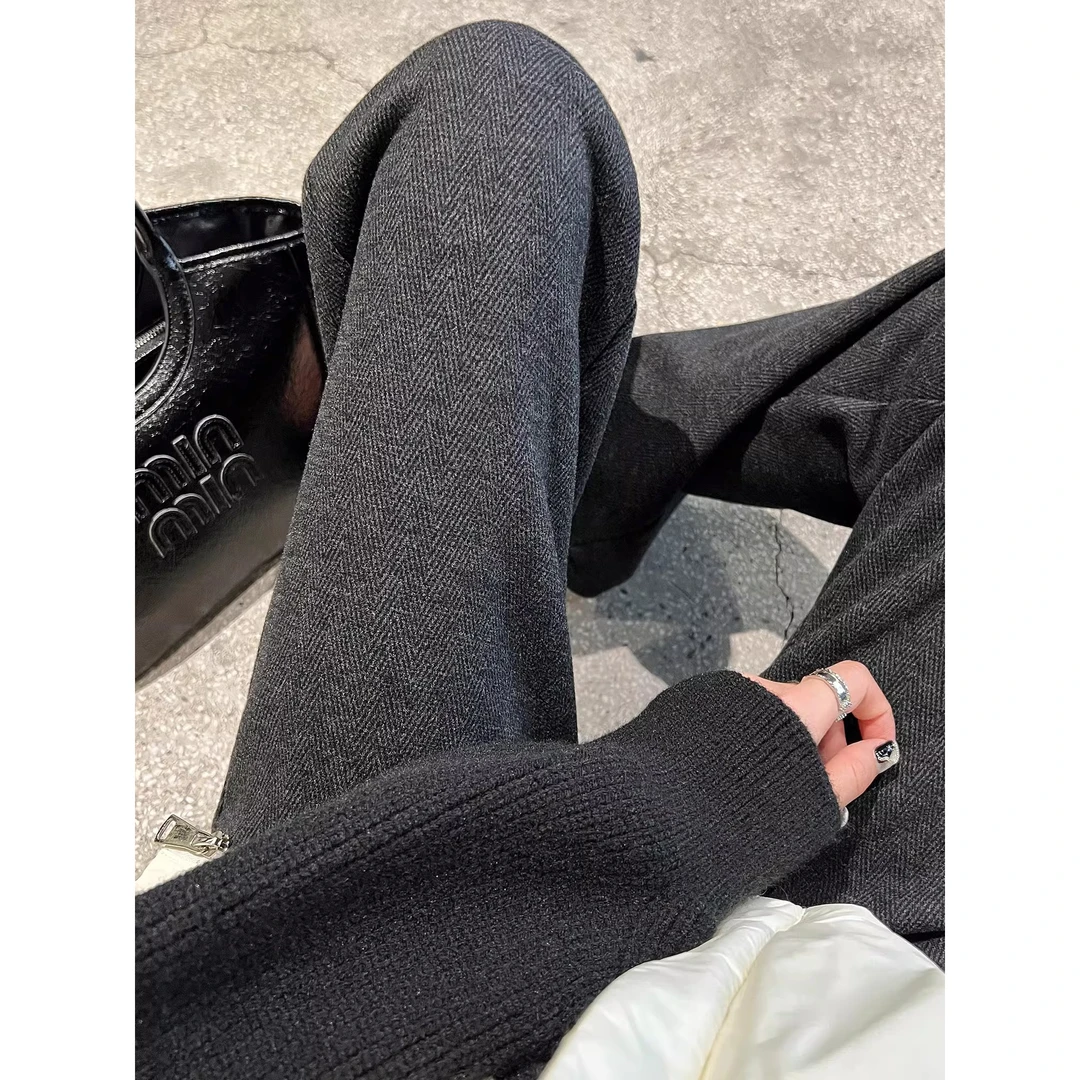 黑色毛呢窄版阔腿裤女春季大码高腰垂感休闲人字纹春冬百搭直筒裤