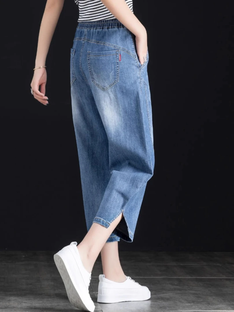 浅色牛仔八分裤女宽松显瘦松紧高腰小个子老爹裤夏薄款哈伦萝卜裤