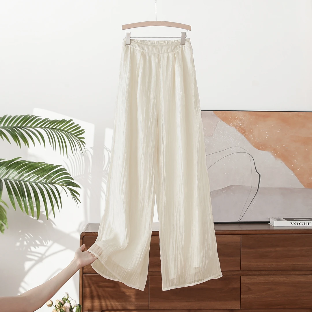中国风皱百搭阔腿裤长裤双层春夏秋松紧腰休闲直筒（辛迪亚麻）