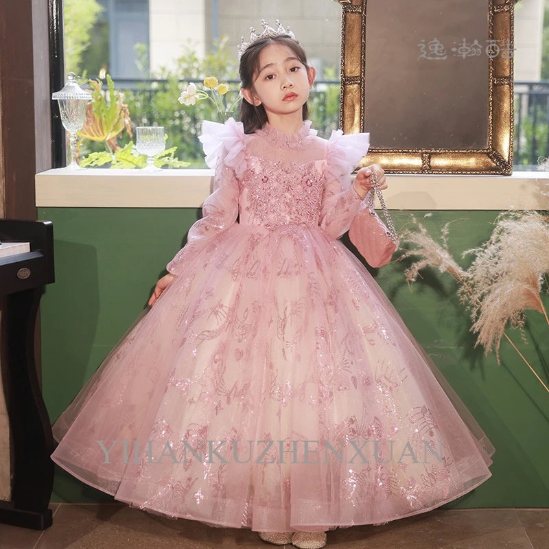 儿童晚礼服长袖仙气小女孩生日公主裙女童钢琴主持人蓬蓬纱演出服