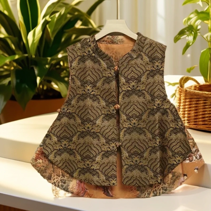 新中式国风双面穿复古马夹立领盘扣祥云拼接提花无袖百搭女士马甲