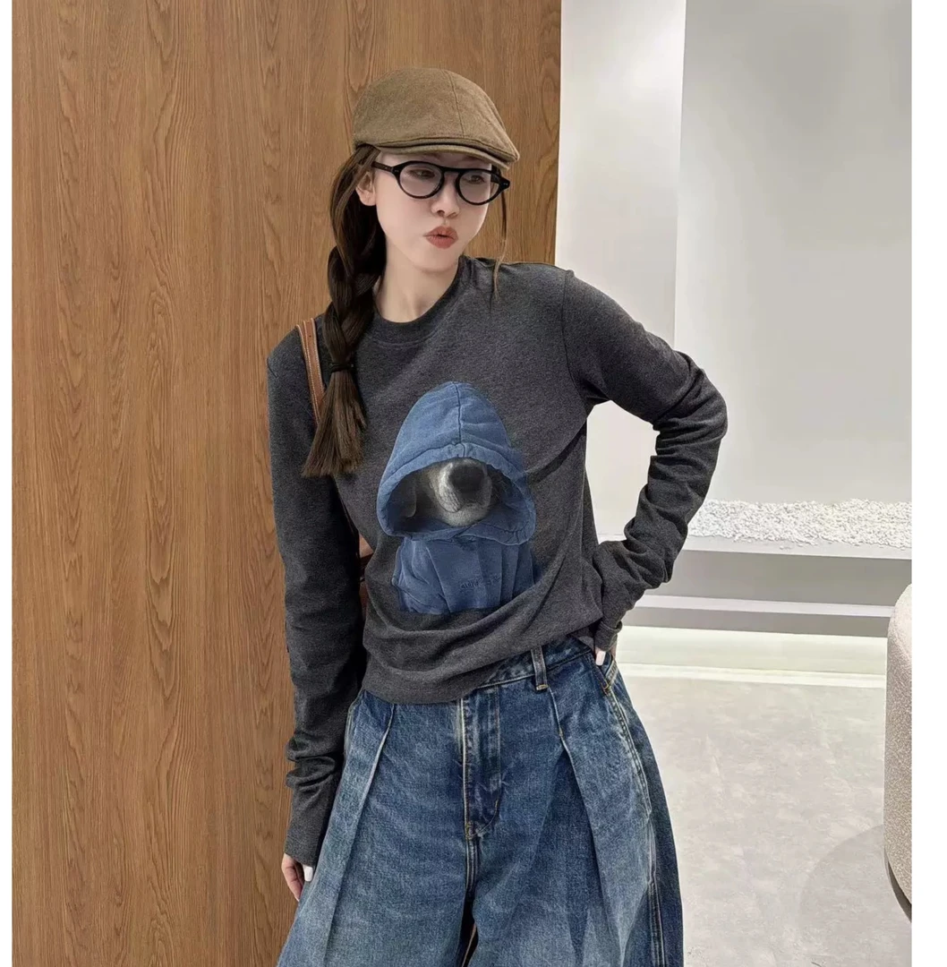 初见家【加绒加厚小狗印花长袖T恤】2024早秋新款时尚简约上衣