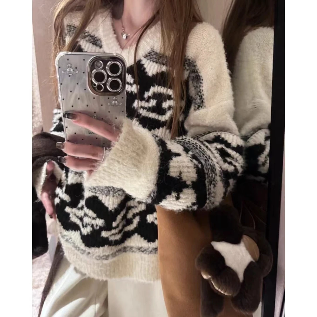 初见家【泡菜国V领蝴蝶提花撞色慵懒针织毛衣】秋冬百搭休闲毛衣女