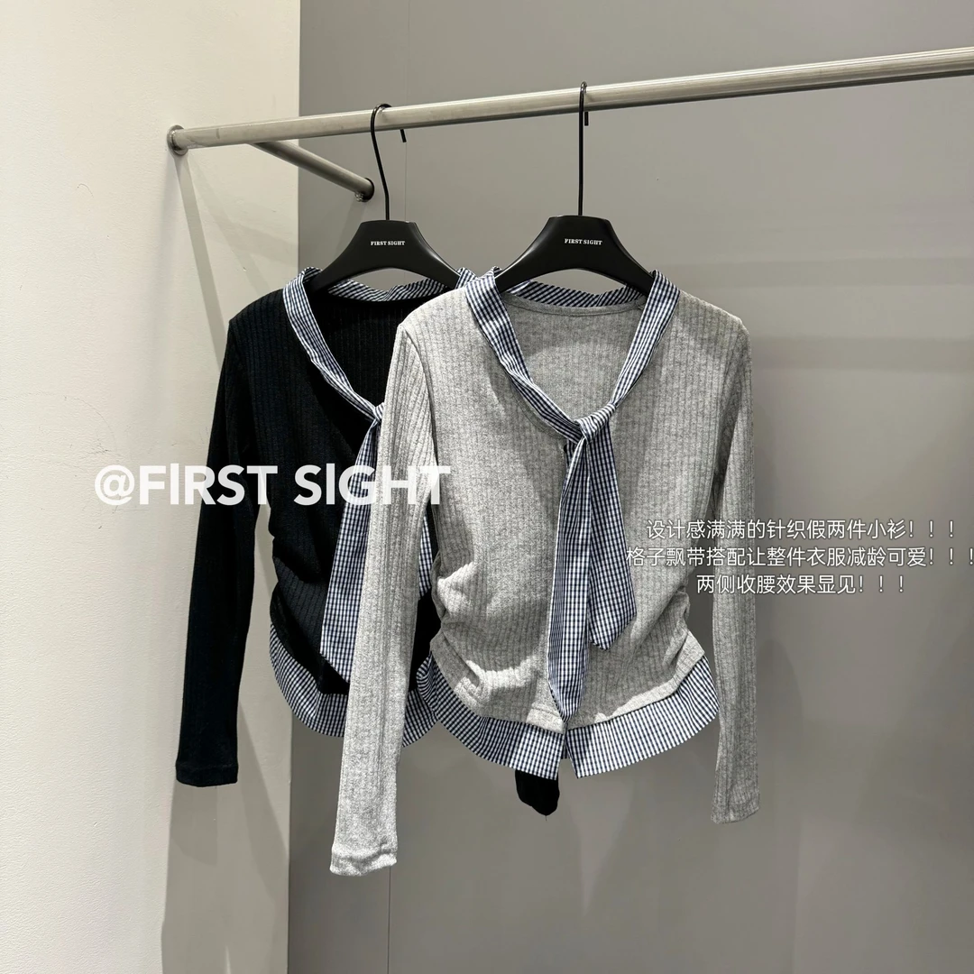 初见家【法式格子飘带撞色针织小衫】2024早秋简约百搭气质独特上衣