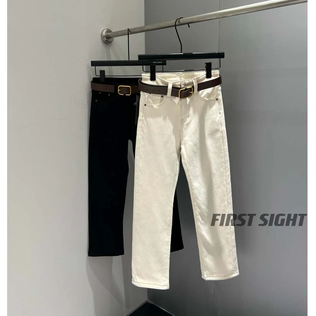 初见家【配腰带加绒烟管裤】2023新品加厚休闲显瘦直筒九分裤小个子