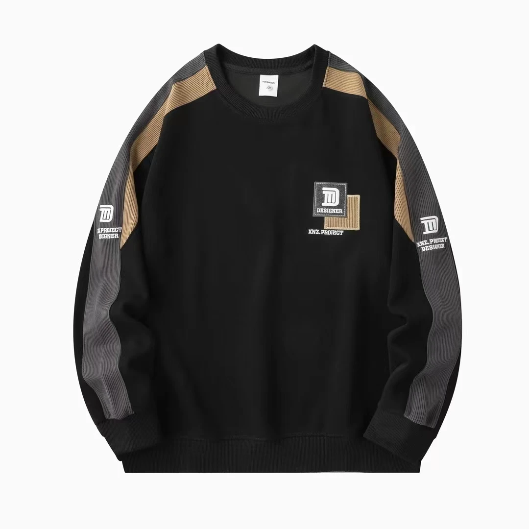 61288#加绒秋冬男士时尚针织加厚拼色卫衣休闲宽松刺绣圆领长袖