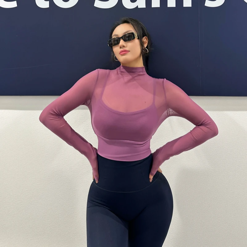 Reyna健身衣 性感网纱瑜伽服长袖带胸垫速干一体杯运动文胸上衣女