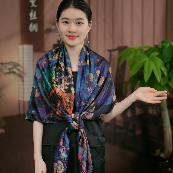 【荷塘月色】香云龟裂纹140大方巾大气时尚双面披肩方气质女士