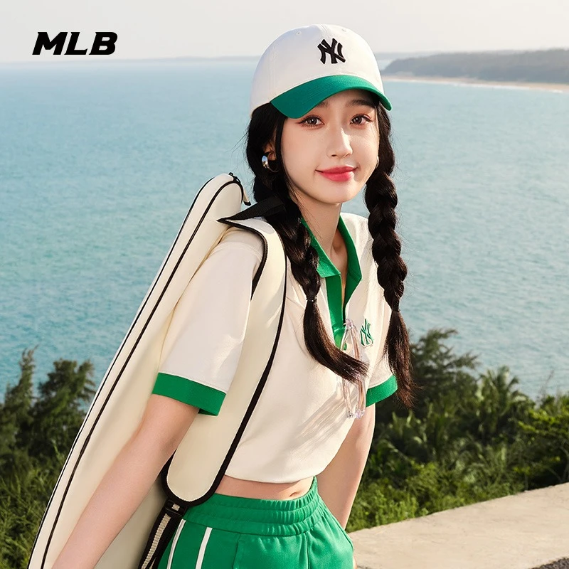 MLB虞书欣明星同款女款刺绣logo短袖POLO领休闲夏天3FPQB0233