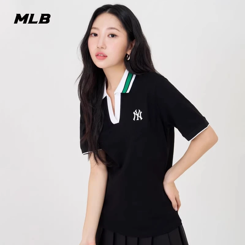 MLB女款百搭V领撞色polo衫风感波粒运动短袖夏季新款 3FPQB0343