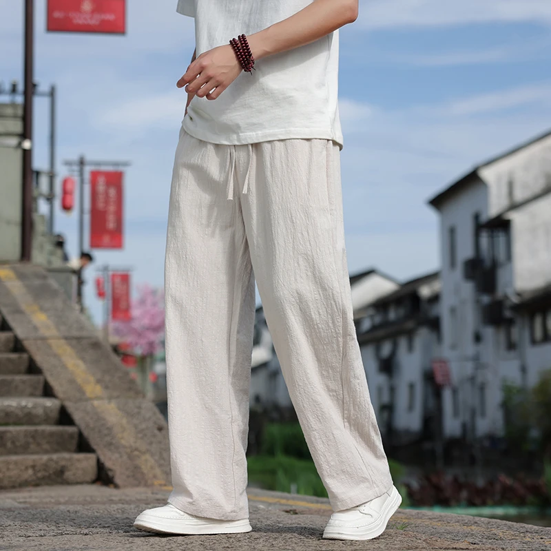 男士休闲裤夏季薄款宽松亚麻阔腿裤新中式男装中国风棉麻直筒裤子